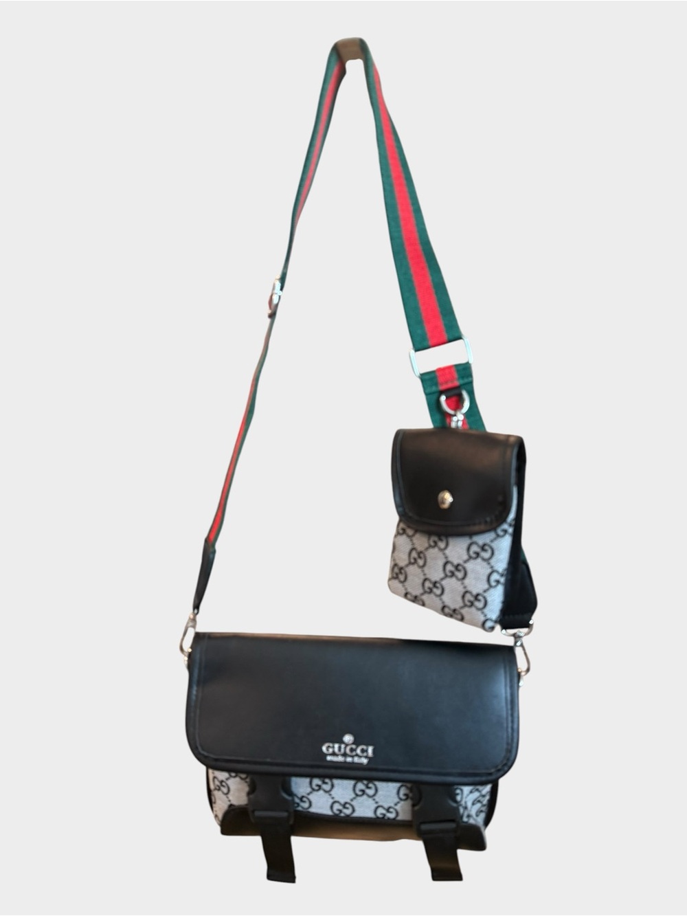 NWOT Source Unknown Black & Gray Crossbody with Green-Red Web Strap